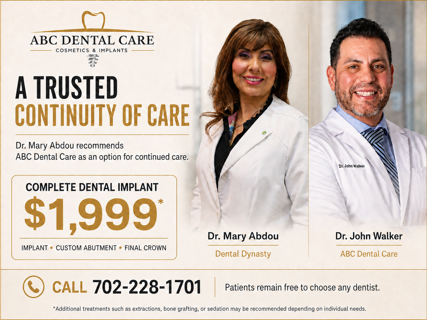 Dr. Mary Abdou recommends ABC Dental Care, with a complete dental implant offer from Dr. John Walker
